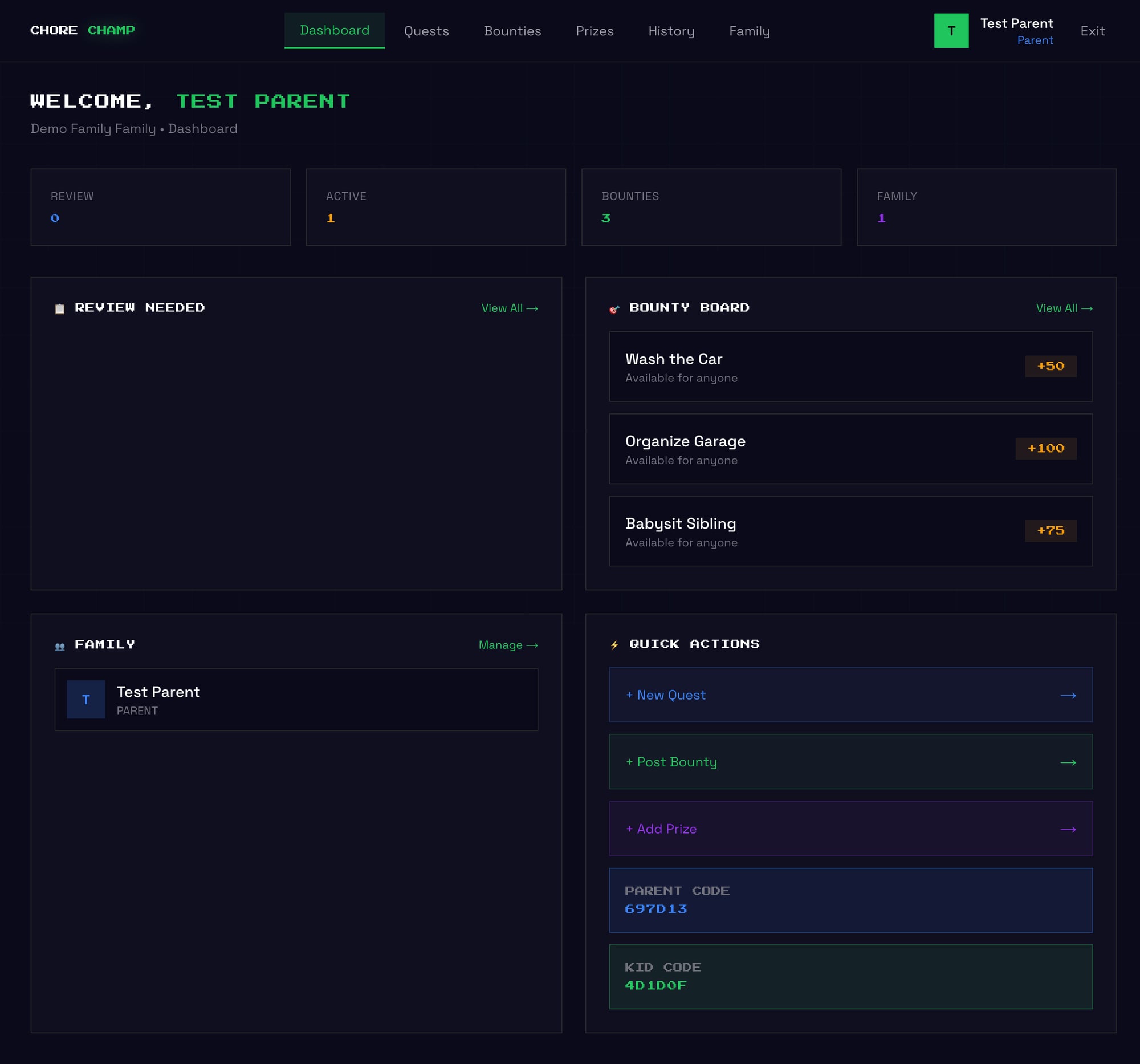 Dashboard - Family overview with stats, quests, and bounties